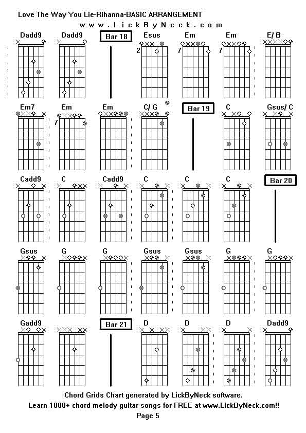 Chord Grids Chart of chord melody fingerstyle guitar song-Love The Way You Lie-Rihanna-BASIC ARRANGEMENT,generated by LickByNeck software.